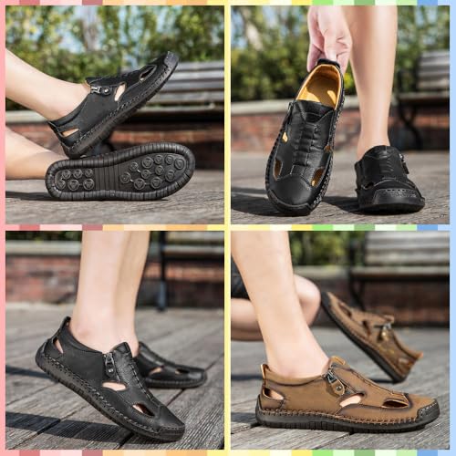 Men's Breathable Closed-Toe Leather Fisherman Sandals | Slip-On Comfort for Summer Outdoor Activities | Hand-Sewn with Side Zipper for Easy Wear | Perfect for Driving and Walking3