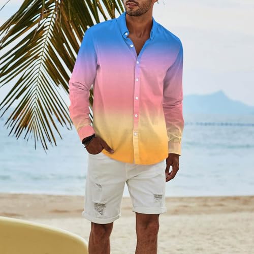 Ymosrh Men's Shirts Long Sleeve Gradient Color Button Down Regular Fit Casual Beach Vacation Shirts, M-3XL4