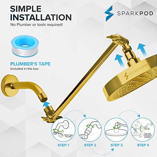 Shower Head Extension Arm By Sparkpod - 11" Solid Brass Shower Arm Extension With Universal Connection To Showerheads - Easily Adjustable Shower Arm For Rain Showerheads (Egyptian Gold) #TOP4