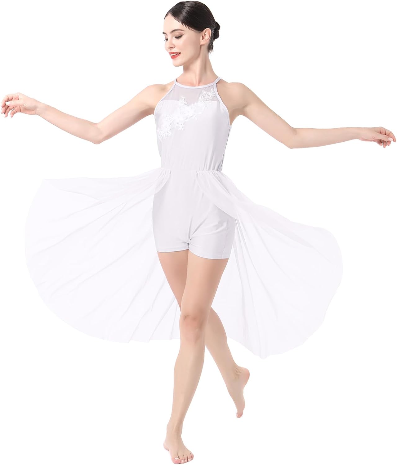 ODASDO Women Lyrical Dance Costumes Flower Applique Sleeveless Mesh Tulle Flowy Leotard Dress One-Piece Bodysuit Costumes