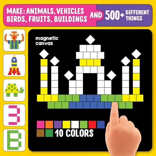 Play Panda Magnetic Puzzles Squares - 400 Colorful Magnets, 200 Puzzles, Magnetic Board, Display Stand - for Boys and Girls, 500 Pieces
