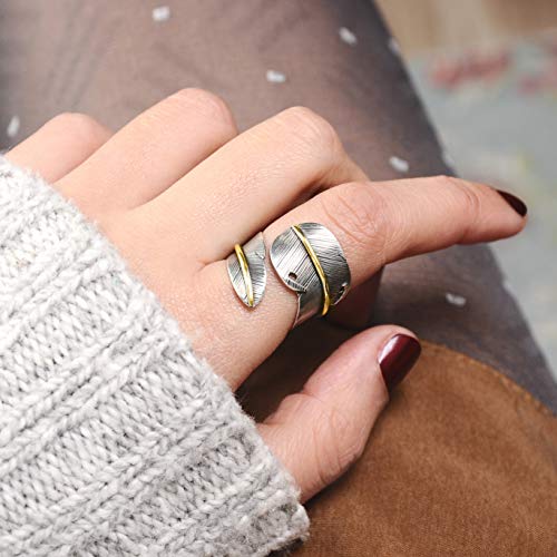 Boho-Magic 925 Sterling Silver And Brass Leaf Adjustable Ring For Women, Cool Plain Simple Open Wrap Feather Ring Size 7-10 #TOP3