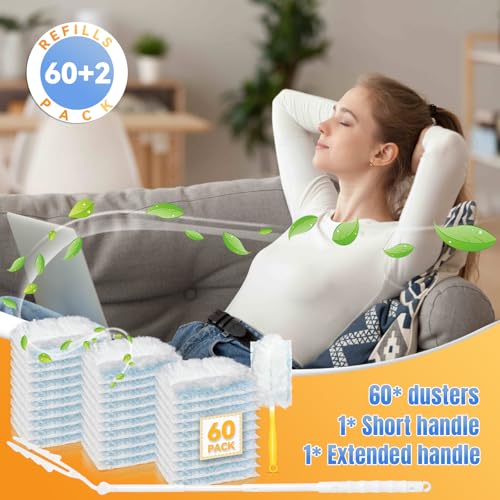 Image of 60 Pack Dusters Refills Compatible with Swiffer Duster Handle Models, 180 One Sided Duster Refills for Short and Extendable Handles, with 1 Pack Extendable Handle + 1 Short Handle