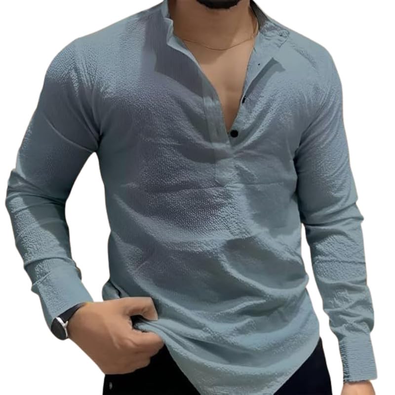 combraided Men's Casual Full-Sleeve Cotton Blend Kurta Shirt - Solid Pattern, Regular Fit, Long Length (XL, Grey)-picture-31