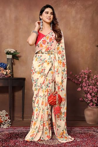 Image of Panzora Women's Georgette Printed Ready To Wear One Minute Saree With Unstitched Blouse Piece