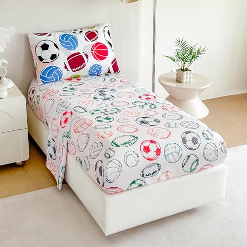 Image of Tailor Shop 4 Pieces Toddler Bedding for Boys Toddler Basketball Football Baseball Comforter Includes Quilted Comforter Fitted Sheet Top Sheet and Pillow Case