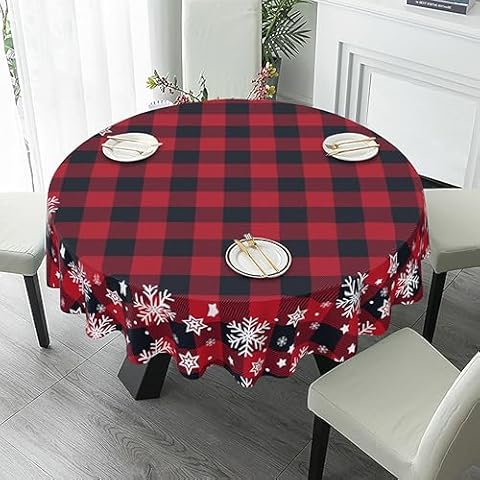 BZKIER Christmas Tablecloth Buffalo Plaid Tablecloth Round 60 Inch Winter Snowflake Tablecloth Washable Table Cloth for Home Kitchen Dining Table Room Decor Cover