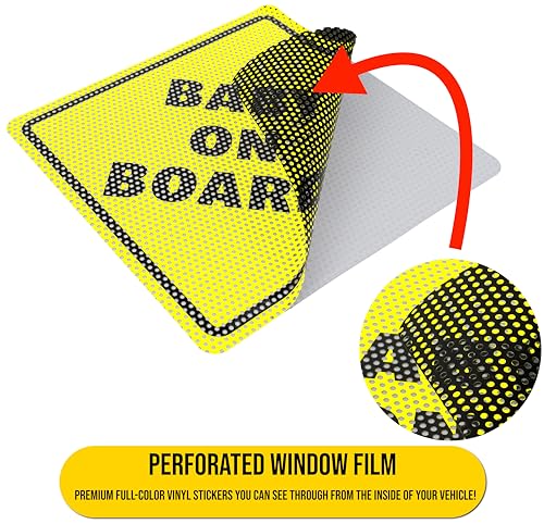 Image of Baby On Board Sticker Sign - Essential for Cars - 2 Pack, 5.5 inch by 5.5 inch - Bright Yellow and See-Through On Window - Best Safety Signs - No Need for Suction Cup or Magnet - Durable and Strong Adhesive