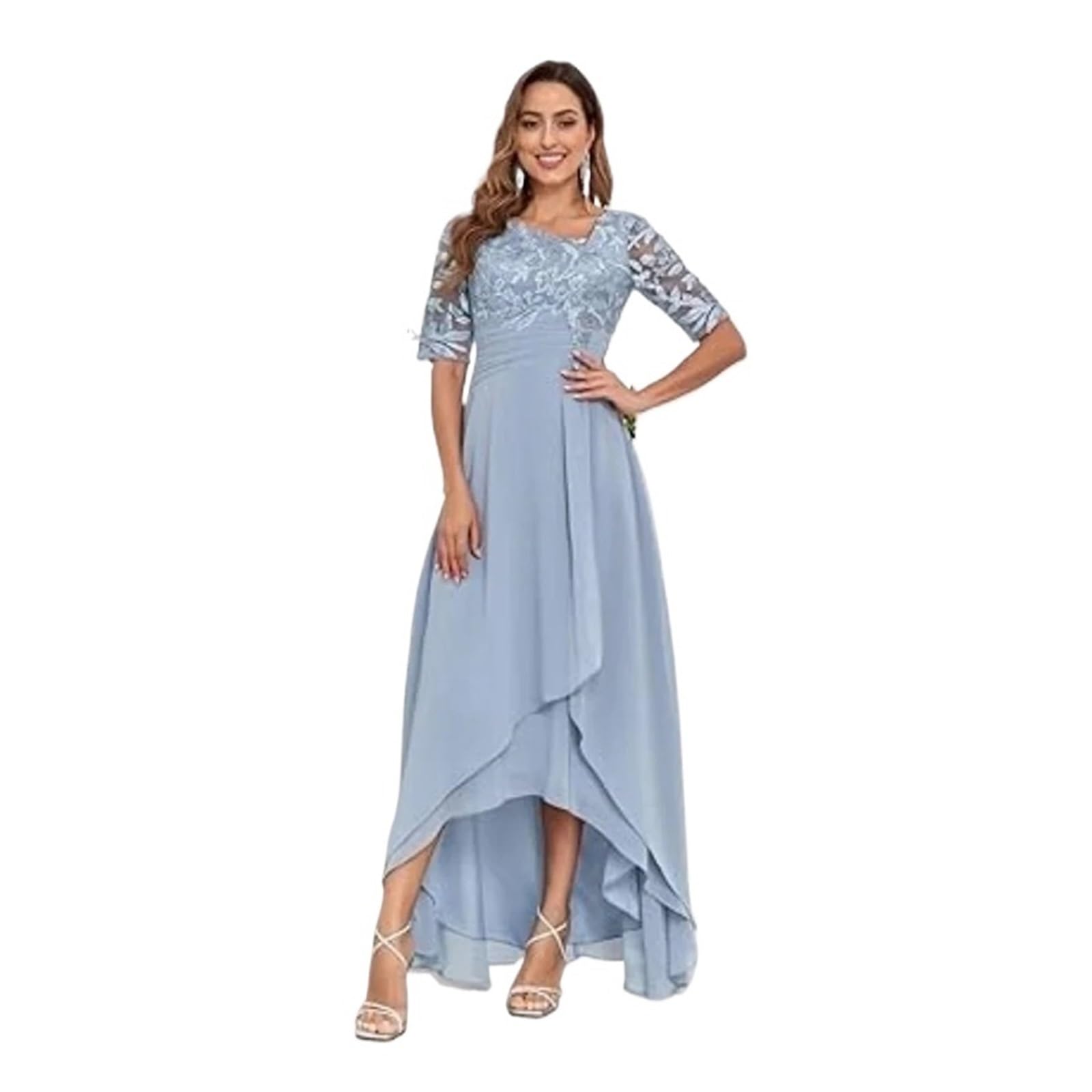 Grazioso Abito da Madre della Sposa in Pizzo for invitata al Matrimonio, Abito da Festa in Chiffon Lungo Fino al Ginocchio(Light Blue,4)