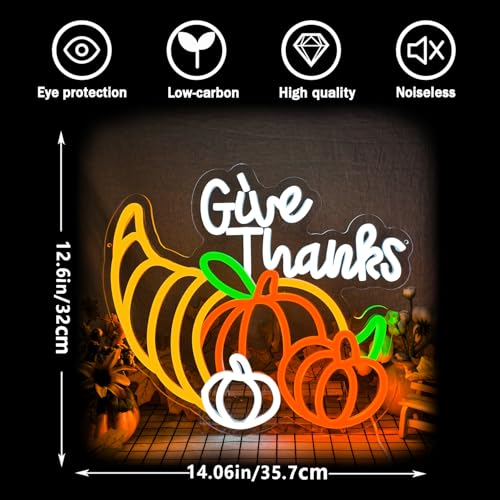 Image of Thanksgiving Neon Sign Pumpkin Neon Sign for Thanksgiving Decoration Give Thanks Sign Dimmable Thanksgiving Neon Light USB Powered for Autumn Harvest Party Wall Decor Gift