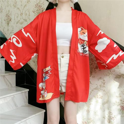 Image of LAI MENG FIVE CATS Women's Lucky Cat Cardigan Kimono Loose Cover up Casual Blouse Cute Tops