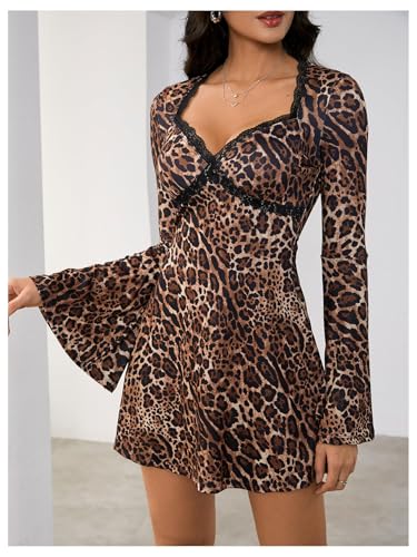 Image of MakeMeChic Women's Leopard Print Dress Bell SleeveLace Trim Sweetheart Short Dresses Cheetah Print Dresses