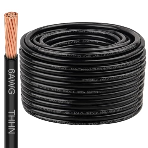 Image of XRDS-RF THHN Wire 200FT, 6AWG Stranded Copper THHN Electrical Wire, Black Nylon-Coated Thermoplastic Insulated Cable for Indoor Conduit Wiring, 600V Rated