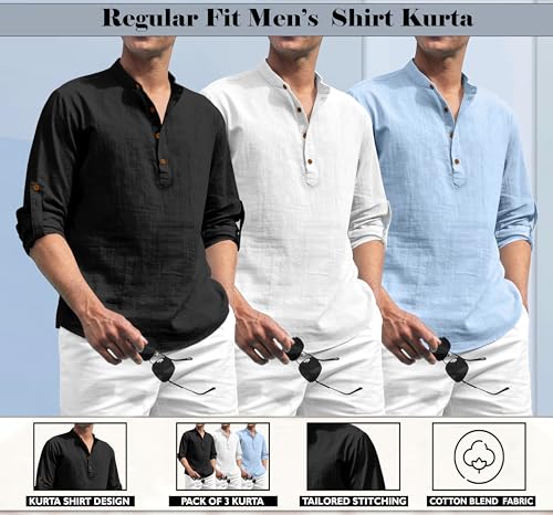 Image of Zombom Combo of Men's Solid Cotton Polyester Blend Full Sleeve Mandarin /Chinese Collor Straight Kurta Shirt (Pack of 3)