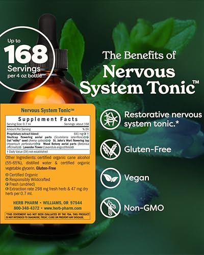 Image of Herb Pharm Nervous System Tonic with St. John's Wort, Organic Skullcap & Milky Oat | Liquid Extract for Calm, Emotional & Stress Support Supplement | Vegan, Non-GMO, Up to ~12 Week Supply, 4 oz*