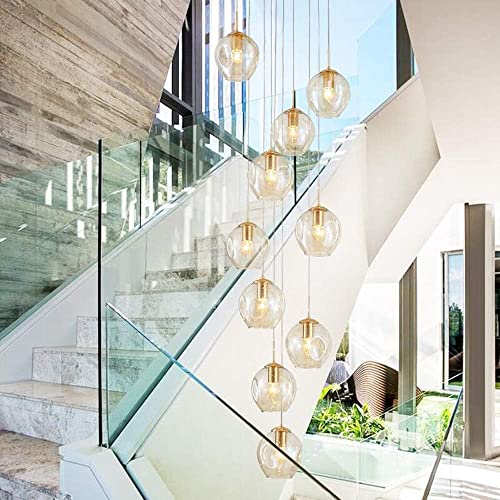 SXSHEYS Lámpara Colgante de Escalera con 10 Bolas de Cristal LED, lámpara Colgante Grande para Sala de Estar, Villa, lámpara Minimalista de Escalera, 50 x 220 cm (Color: Azul) (ámbar)