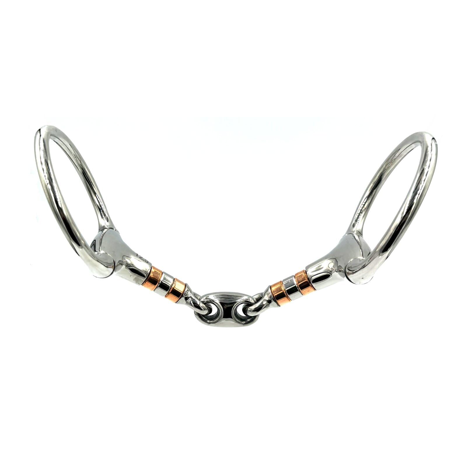ES0086 Gebiss Olivenkopfgebiss Olivenkopftrense Doppelt Gebrochen mit beschichteter Kupferrolle aus Edelstahl Ringdurchmesser 70 mm Gebissstärke 21 mm (12.5 cm)