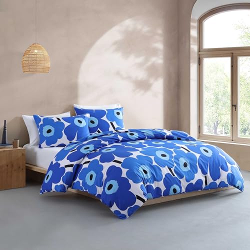 Image of MARIMEKKO - King Duvet Cover Set, Cotton Percale Reversible Bedding with Matching Shams, Floral Home Decor (Unikko Blue, King)