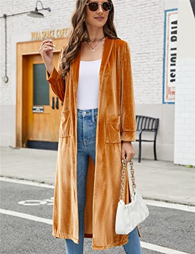 Women's Long Velvet Cardigan Jacket Lapel Collar Open Front Vintage Cardigan Blazers With Pocket Gold #TOP2