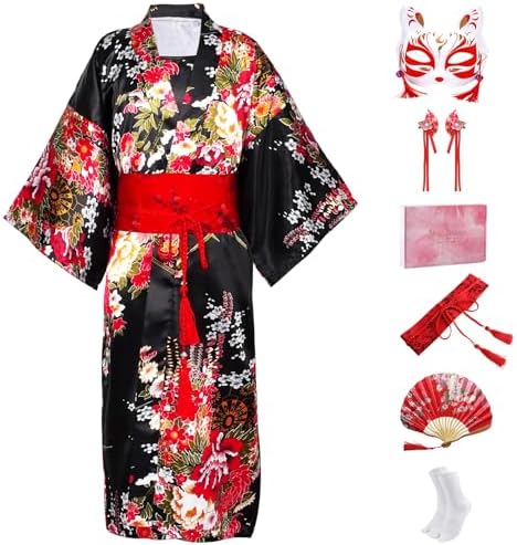 CRFASIBE 5PCS Mädchen Kimono, Japanische Kostüm Set, Größen 130/140/150cm | Kinder Yukata Set mit Accessoires, Inklusive Geschenkbox, 7-12 Jahre, Ideal für Cosplay, Karneval, Fasch