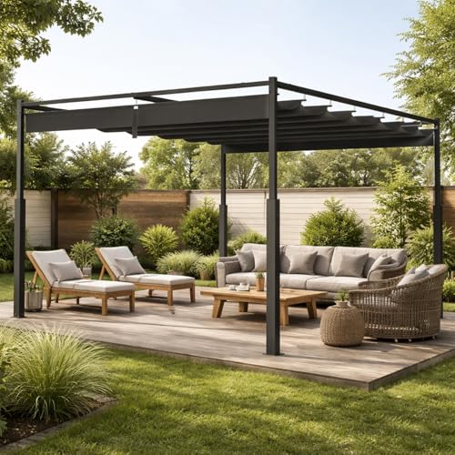 Peviasot Pergola de Jardin 3x3m avec Coussin magnétique, Structure Métal, Pergola Rétractable Coulissante, Tonnelle Jardin avec Toit Réglable, Protection UV 30+, Stable pour terrasse et Jardin, Gris