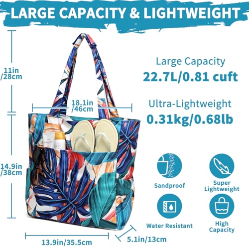 Image of Kasqo Beach Tote Bag for Women, 22L Waterproof Sandproof Medium Packable Travel Bag with Zipper for Pool Gym Shopping