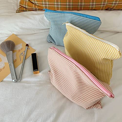 Cosmetic Bags For Women - 3 Pieces Plaid Makeup Bag Makeup Pouch Travel Toiletry Bag Organizer Cute Zipper Pouch Large Capacity Makeup Brushes Storage Bag For Women,Blue Yellow Pink #TOP4