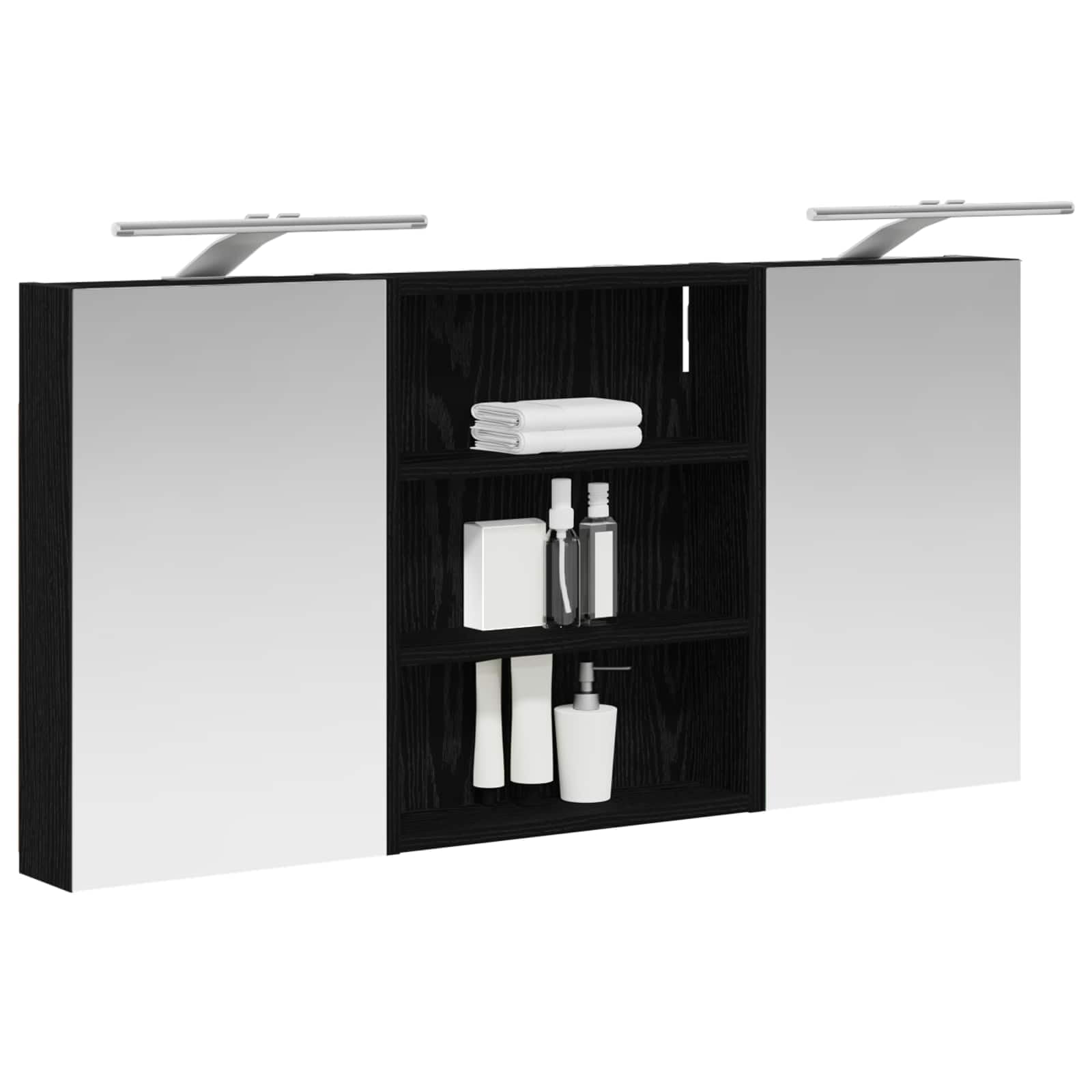 Set di 3 armadietti da bagno in legno, 100 x 10,5 x 50 cm, montaggio a parete con illuminazione a LED, specchio a due vie, vano portaoggetti, ante e ripiani per mobili da bagno