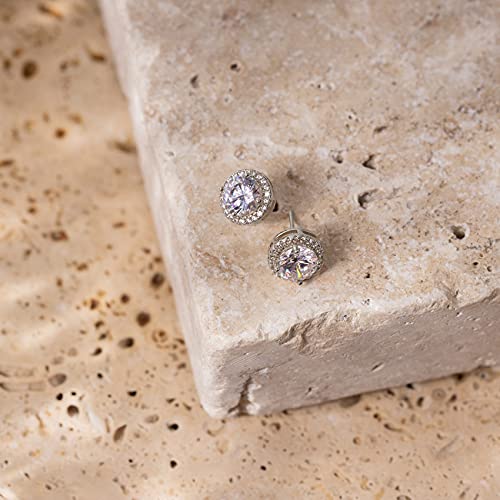 Image of PAVOI 14K Gold Plated 925 Sterling Silver Post Brilliant Round Faux Diamond Halo Earrings - Premium Cubic Zirconia