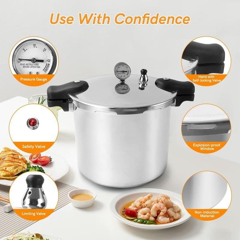 Olla A Presión De Aluminio 22 Litros - Con Manómetro, Válvula De Seguridad Y Anillo De Silicona, Para Cocina De Gas O Eléctrica