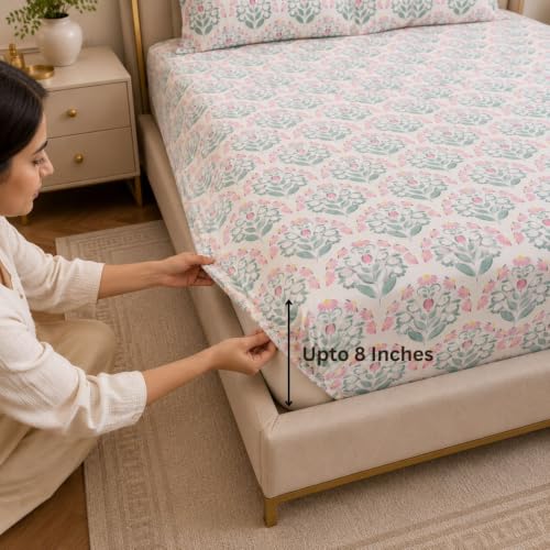 Image of Linen Home Cotton Percale Fitted Bedsheet Set Double Size Sequence Pink