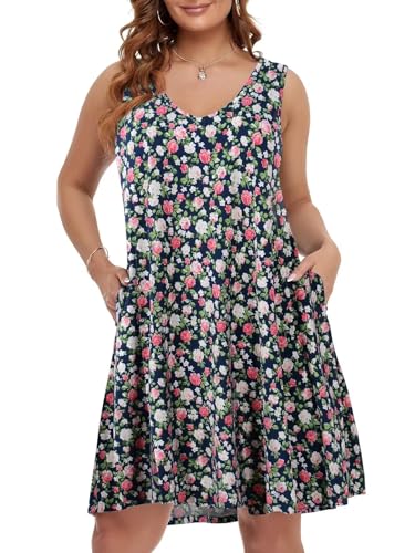 Image of BELAROI Women Casual Summer Dresses Plus Size Sundress V Neck Swing Tank Dress Sleeveless Criss-Cross Beach Cover Ups Pockets