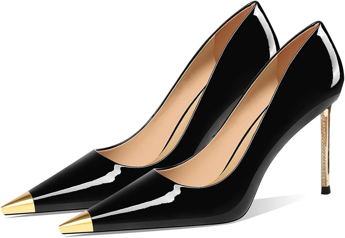 FSJ Women Metal Cap Pointed Toe High Heel Pumps Sexy Gold Stiletto Elegant Slip On Office Lady Wedding Party Dress Shoes Size 4-15 US