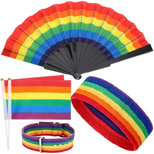 PartyforU Disfraz de arco iris para mujer, 5 unidades, abanico plegable, diadema ajustable, bandera del orgullo para LGBTQ, disfraz bisexual, carnaval, fiesta, decoración, accesorios de disfraz