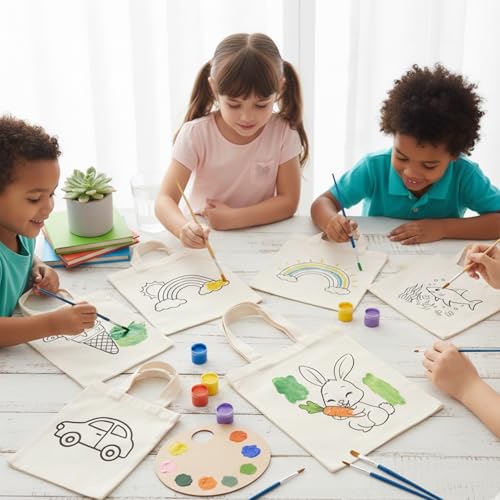 Image of (Pack of 10)- DIY Eco-Friendly Canvas Tote Bags for Kids- Pre-Outlined Designs for Painting | Perfect Return Gift for Kids Birthday Party | Reusable Cotton Bags (Includes Paint and Brush) Brand: Generic (Design-2 with Paint and Brush)