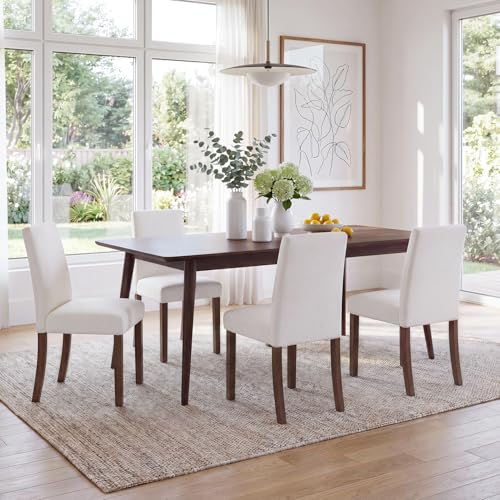 Image of Upholstered Dining Chairs Set of 4, Mid-Century Dining Room Chairs with Wooden Legs, Farmhouse Fabric Parsons Chairs for Small Space Restaurant & Cafe- Light Beige