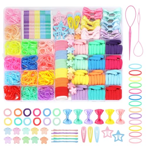 Image of 940Pcs Cotton Hair Accessories Set with Bow Clips, Rubber Bands, Elastic Holders, and Organizer Box for Girls and Toddlers