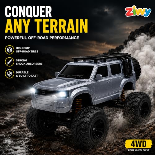 Image of Big Silver Remote Control Car Toy | Defender | Smoke and LED Light | Monster Truck Remote Control 4x4 | Rechargeable Car | 2.4G Remote Control |High Speed | 100m Range | Birthday Gift for Kids