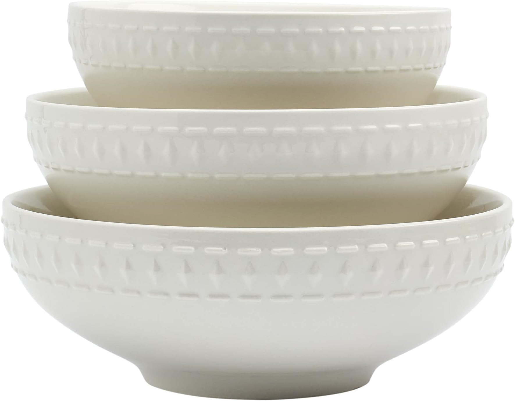3 Piece Embossed Porcelain White Serving Bowls Set, Bloom