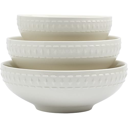 Tabletops Gallery Embossed Bone White Porcelain Round Dinnerware Collection- Chip Resistant Scratch Resistant, Bloom 3 Piece Serving Bowl Set