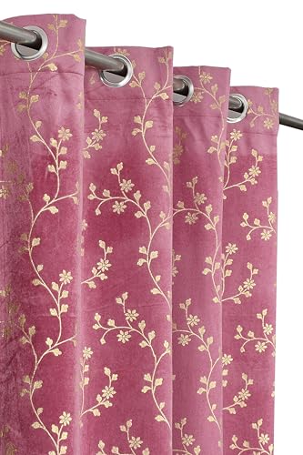 Panipat Textile Curtain Heavy Velvet Fabric Room Darkening Floral Design Curtains 9 Feet for Long Door, English Wine, Pack of 2 Pieces