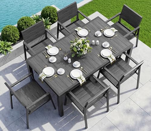 Vexwalx 7-Piece Outdoor Dining Set, Aluminum Dining Table Set for 6, Patio Table and Chairs Set with Umbrella Hole, All Weather HDPS Outdoor Table and Chairs for 6 (Charcoal)