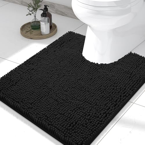 Smiry Luxury Chenille Toilet Rugs U-Shaped 24x20, Soft Absorbent Non-Slip Contour Bathroom Rugs for Toilet, Machine Washable Contoured Bath Mats, Black