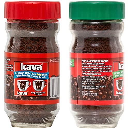 Kava Low Acid Instant Coffee Lover Bundle Set, 4 Ounce Glass Jar Of Each, Regular & Decaf #TOP1