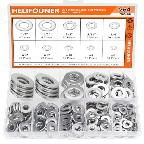 HELIFOUNER 254 Pieces 8 Sizes Stainless Steel Flat Washers, 304 Stainless Steel Washers, Fender Washers, Metal Washers Assortment Kit, 1/2 3/8 5/16 1/4 12# 10# 8# 6#