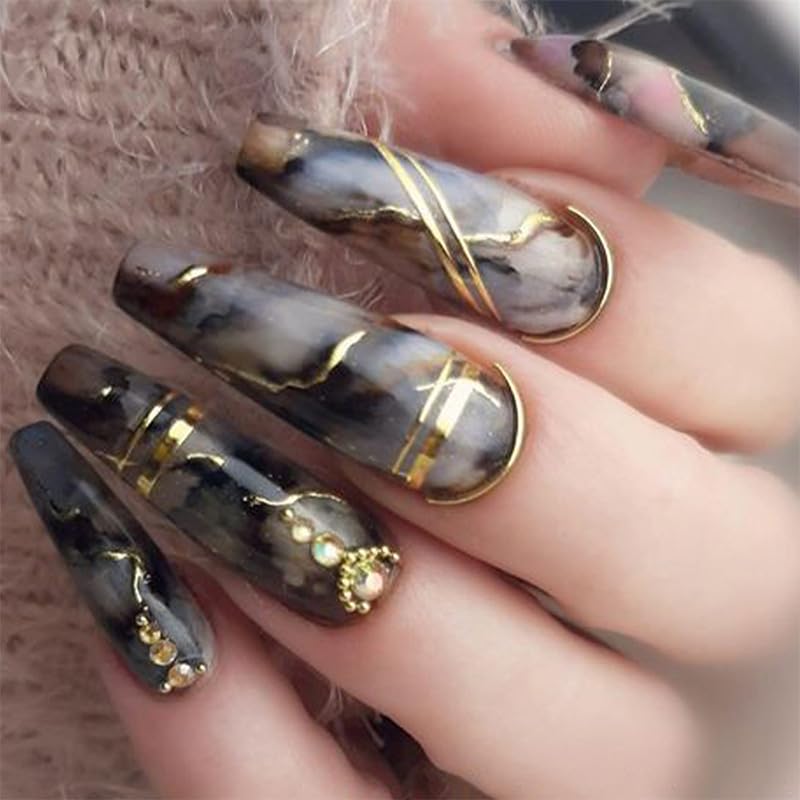 Coffin Press on Nails Long Fake Nails Black Marble Texture False ...