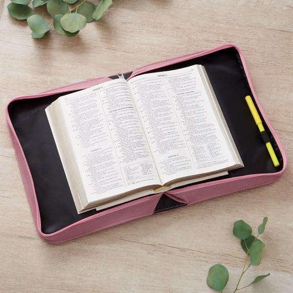 Personalization Universe Love is Patient Engraved Bible Cover - Custom Names & Date, Personalized Faux Leather with Front Pocket and Handle, Zippered Case for Men and Women, 2 Color Options - Pink