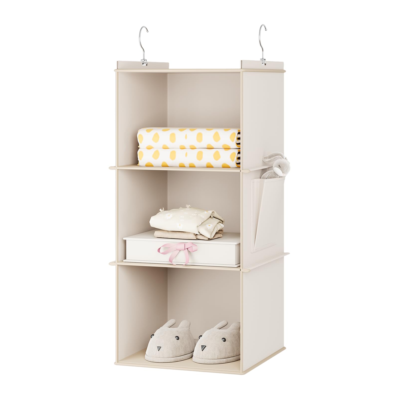 YOUDENOVA Hängeregal Stabiler Kleiderschrank Organizer Hängeaufbewahrung Schrankorganizer Hängeorganizer mit Bambus-Stöcke und MDF-Platten Verstärkt 3 Fächer Beige