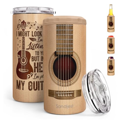 Image of Guitar Can Cooler 12oz - Travel Mug Cup - Stainless Steel Insulated for Men Women - Tumbler Cans Koozie, Beach Gift for Summer Vacation, Christmas, Birthday