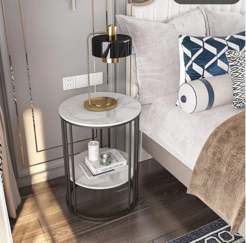 Image of 2 Tier Round Coffee Table with MDF Wood Faux Marble Top 54 x 40 cm | Gold Metal Frame | Storage Shelf | Bedside Nightstand for Living Room Bedroom Balcony Office | Black & White